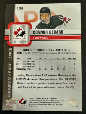 2023 Upper Deck Team Canada Juniors Connor Bedard #108 Program of Excellence back